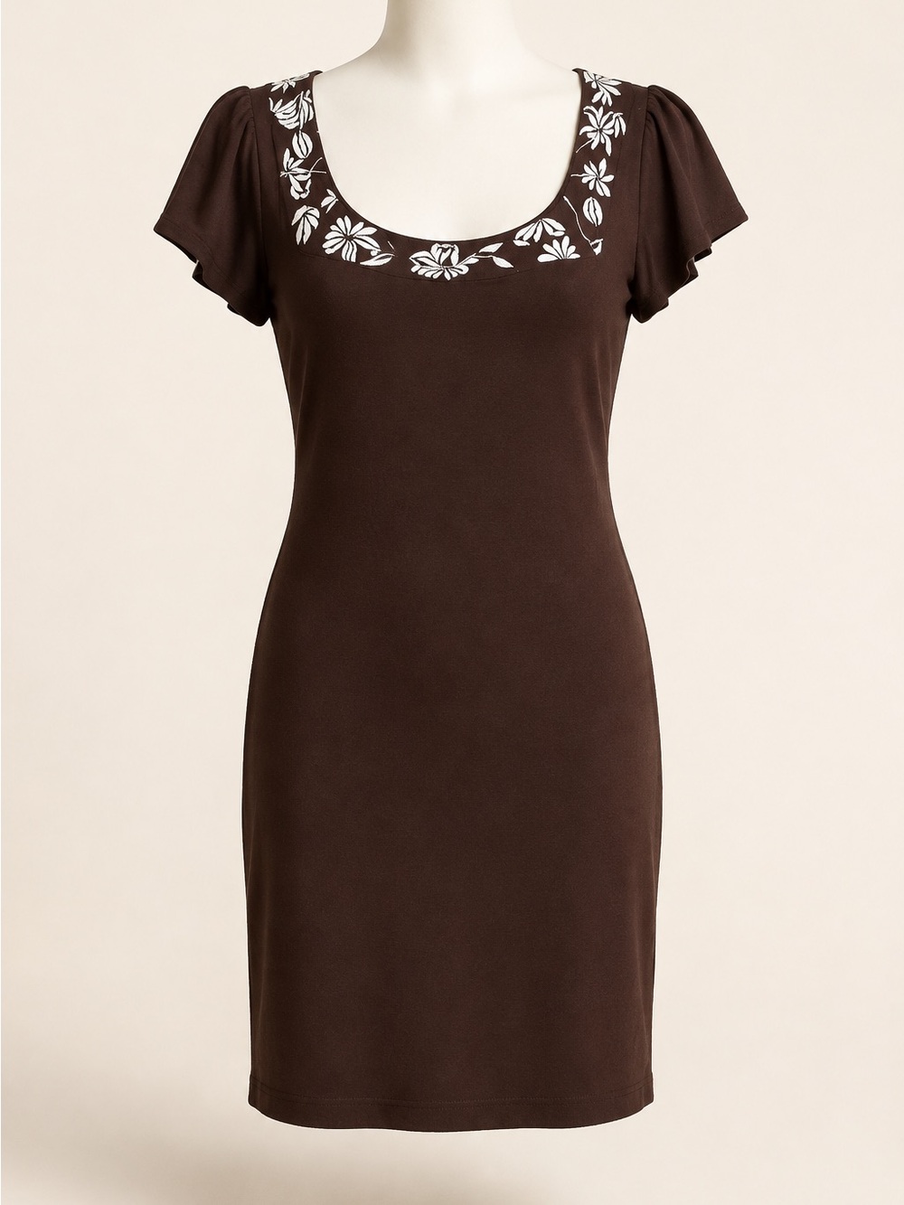 Banana Republic Brown Scoop Neck Dress with White Floral Trim